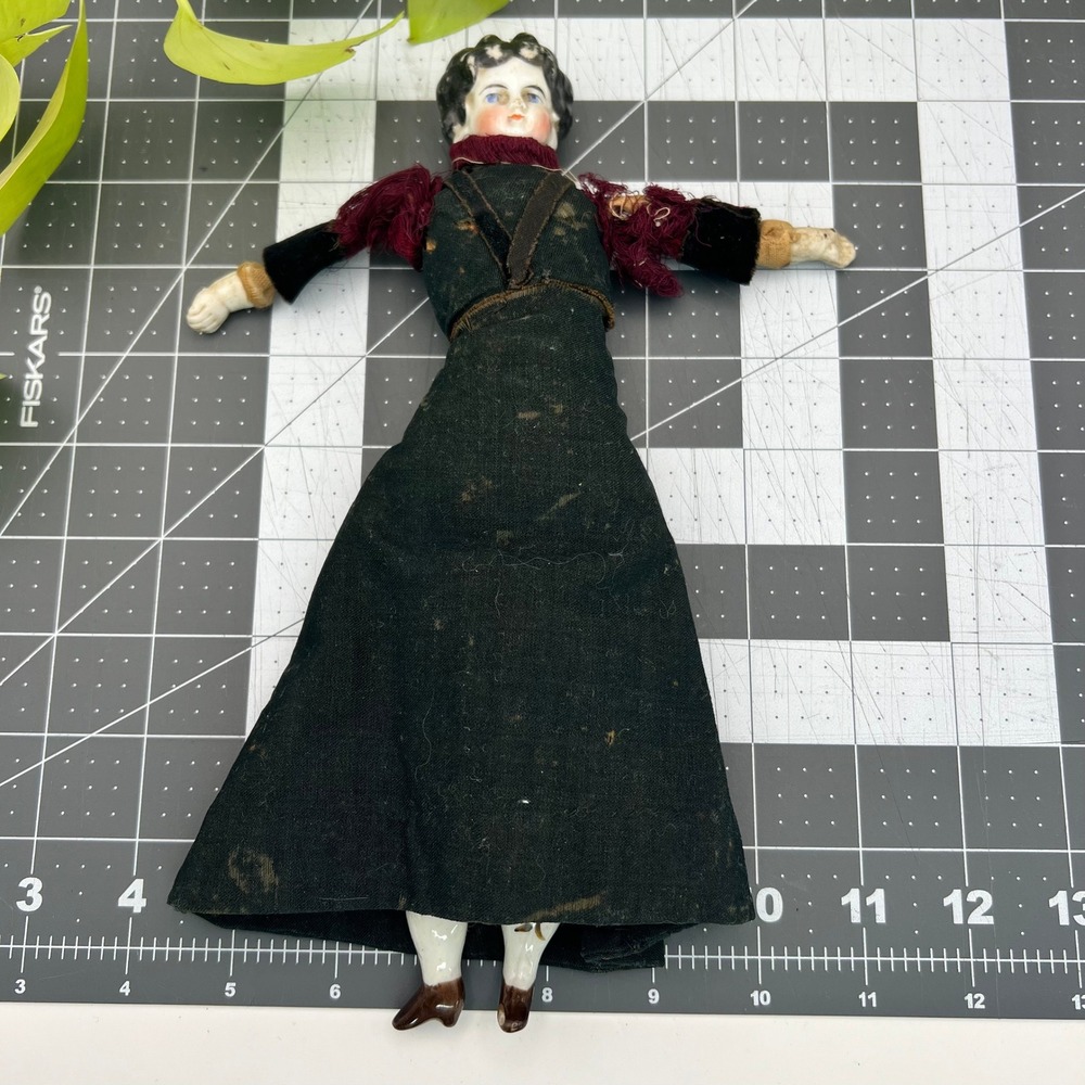 Antique German Porcelain China Head Doll 10 Inch Painted Face Fabric Dress
